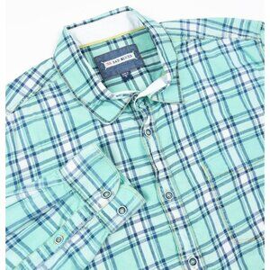 32 Bar Blues Shirt Men's XL Blue Green Plaid Long Sleeve Button Up Casual